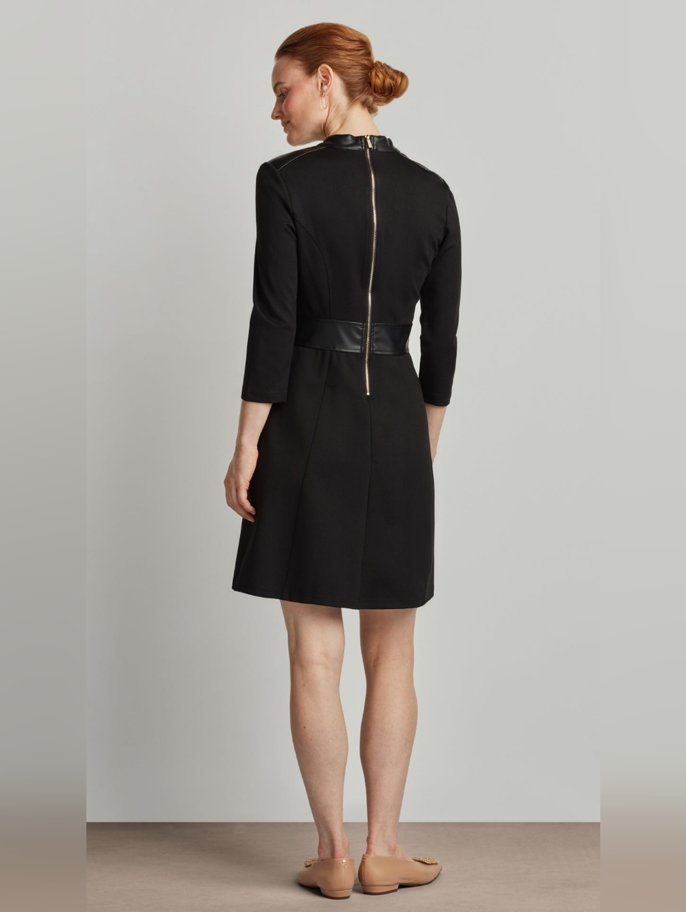 NWT Ellen Tracy Mandarin Collar Black A-Line Dress with Faux Leather Trim - Picture 3 of 10